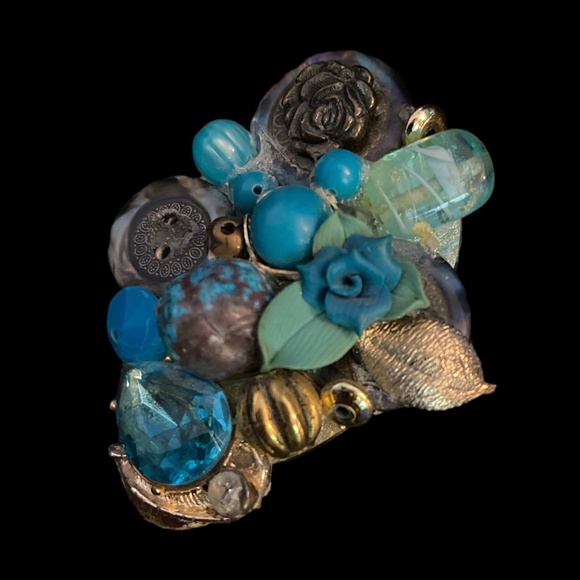 Handmade Upcycled Brooch Artisan Repurposed Vintage Jewelry Pin Blue (Broach) - Picture 2 of 4